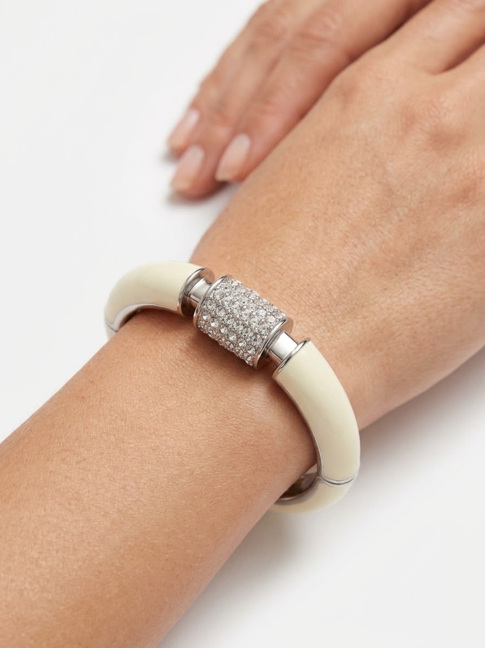 Lia Sophia Cream Ceramic Bracelet with Pavé Crystal Barrel